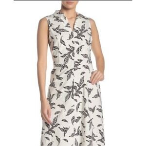 NWT TTahari Shirtdress Sleeveless V-Neck Midi Dress Cream Black Leaf Print Med